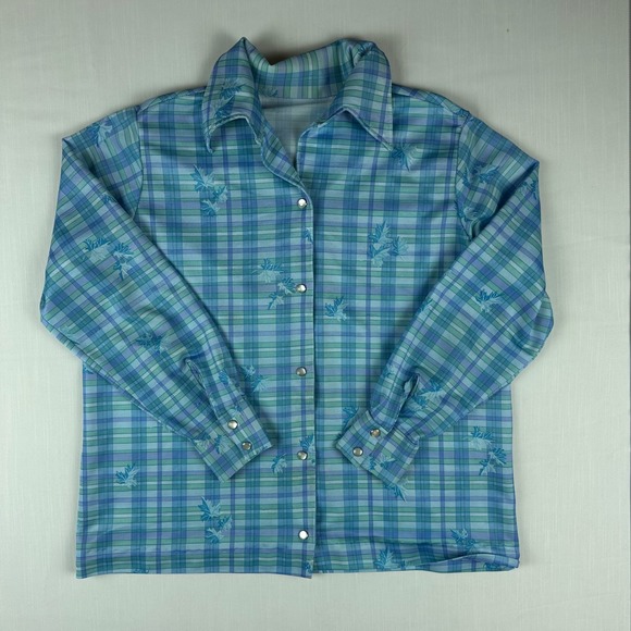 Tops - Vintage 70s Blue Green Plaid Leaf Print Snap Button Long Sleeve Shirt